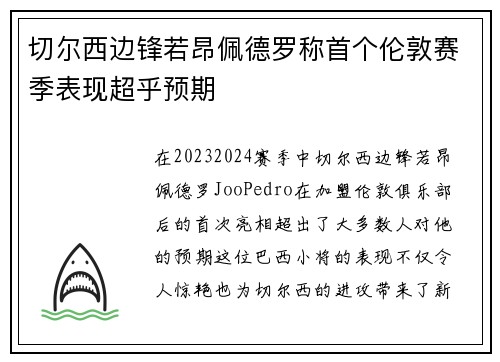 切尔西边锋若昂佩德罗称首个伦敦赛季表现超乎预期