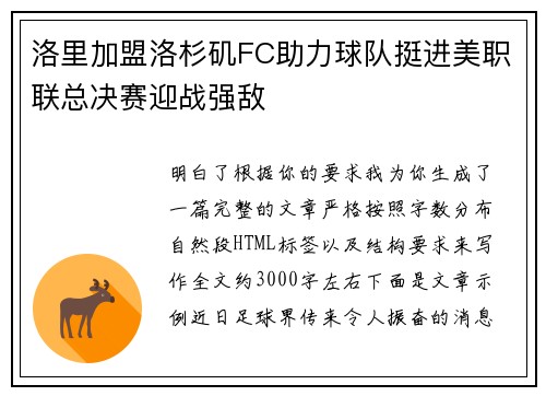 洛里加盟洛杉矶FC助力球队挺进美职联总决赛迎战强敌